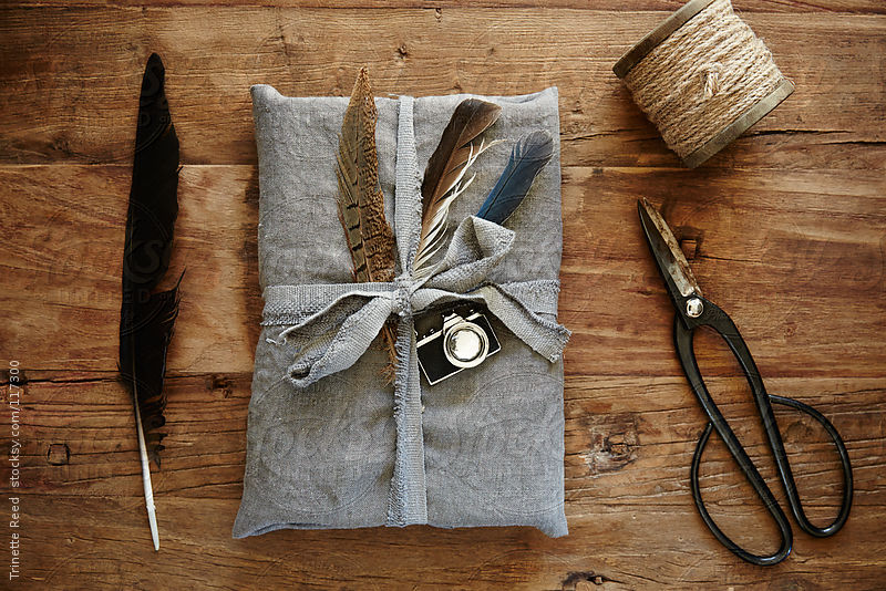 Still life of hipster linen wrapped gift with feathers by Trinette Reed