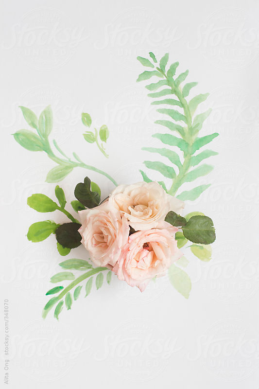 Roses on painted fern leaf by Alita Ong